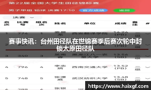 赛事快讯：台州田径队在世锦赛季后赛次轮中封锁太原田径队